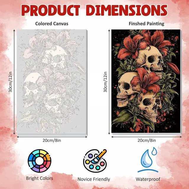 Alt view image 6 of 7 - DOMROM Framed Paint by Numbers Kit for Adults Beginners, Halloween Skull Paint by Number Kit on Canvas, DIY Oil Painting Kits for Home Wall Decor Gift 8x12in