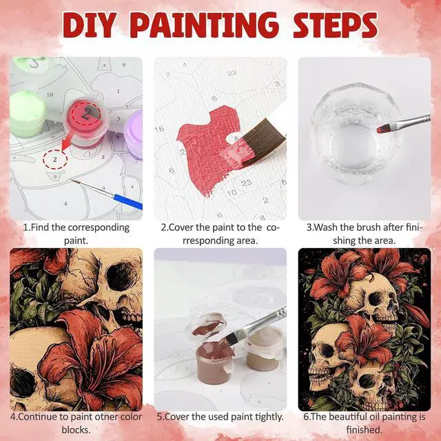 Alt view image 7 of 7 - DOMROM Framed Paint by Numbers Kit for Adults Beginners, Halloween Skull Paint by Number Kit on Canvas, DIY Oil Painting Kits for Home Wall Decor Gift 8x12in