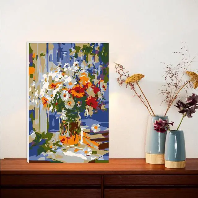 Alt view image 2 of 7 - Lxmsja Daisy Bouquet Paint by Numbers Kit for Adults, Sunny Windowsill Acrylic Paint by Numbers for Adults Beginner, DIY Craft Supplies Oil Painting Kits for Home Wall Decor 8x12 inch (Framed)