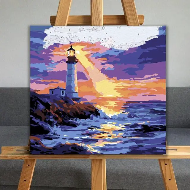 Alt view image 5 of 7 - JUJUHOOD Sunset Lighthous Framed Paint by Numbers Kit for Adults Beginner & Kids Ages 8-12,Seaside Paint by Number Without Easel,Paint by Numbers for Gift Home Wall Decor (10x10Inch)