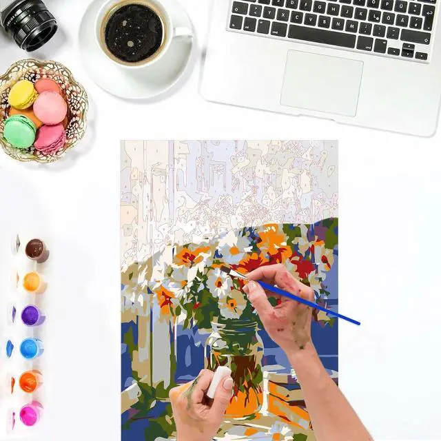 Alt view image 6 of 7 - Lxmsja Daisy Bouquet Paint by Numbers Kit for Adults, Sunny Windowsill Acrylic Paint by Numbers for Adults Beginner, DIY Craft Supplies Oil Painting Kits for Home Wall Decor 8x12 inch (Framed)