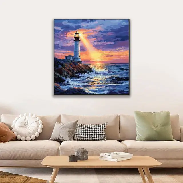 Alt view image 2 of 7 - JUJUHOOD Sunset Lighthous Framed Paint by Numbers Kit for Adults Beginner & Kids Ages 8-12,Seaside Paint by Number Without Easel,Paint by Numbers for Gift Home Wall Decor (10x10Inch)
