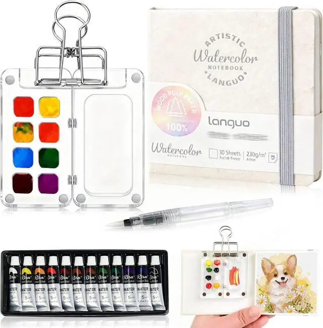 Main image of Mini Watercolor Paint Set Portable for Painters Artists Student | Travel Paint kit,Paint Palette Travel Kit Set with Paint,Watercolor Pens,Sketchbook,Binder Clips,Acrylic Paint Box