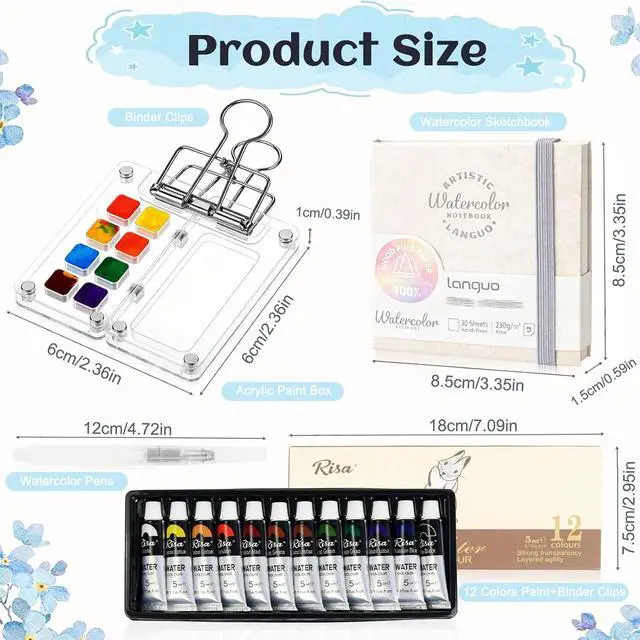 Alt view image 2 of 7 - Mini Watercolor Paint Set Portable for Painters Artists Student | Travel Paint kit,Paint Palette Travel Kit Set with Paint,Watercolor Pens,Sketchbook,Binder Clips,Acrylic Paint Box