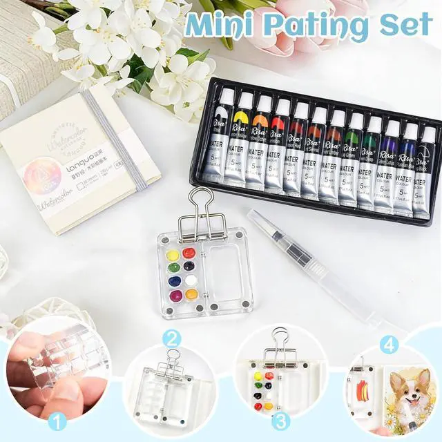 Alt view image 3 of 7 - Mini Watercolor Paint Set Portable for Painters Artists Student | Travel Paint kit,Paint Palette Travel Kit Set with Paint,Watercolor Pens,Sketchbook,Binder Clips,Acrylic Paint Box