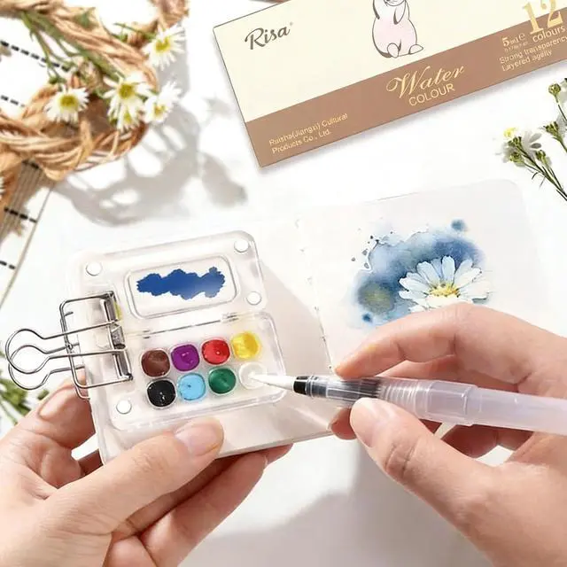 Alt view image 5 of 7 - Mini Watercolor Paint Set Portable for Painters Artists Student | Travel Paint kit,Paint Palette Travel Kit Set with Paint,Watercolor Pens,Sketchbook,Binder Clips,Acrylic Paint Box