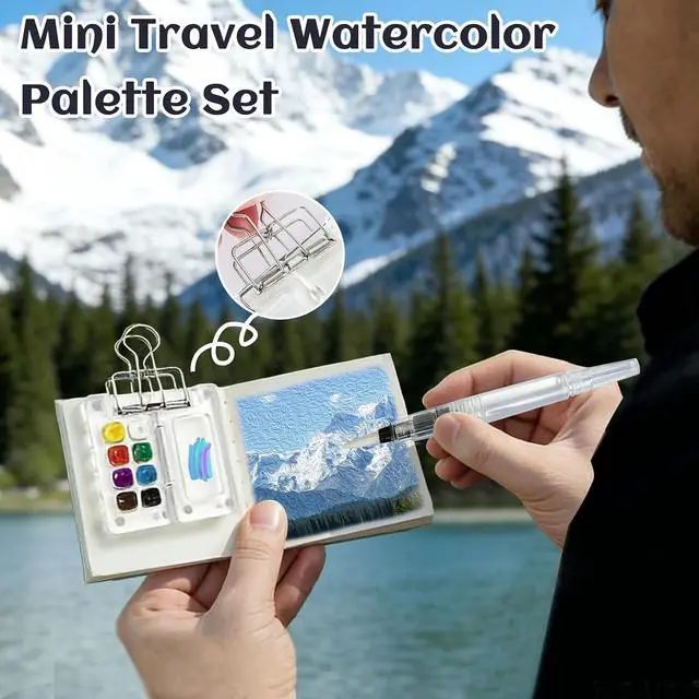 Alt view image 6 of 7 - Mini Watercolor Paint Set Portable for Painters Artists Student | Travel Paint kit,Paint Palette Travel Kit Set with Paint,Watercolor Pens,Sketchbook,Binder Clips,Acrylic Paint Box