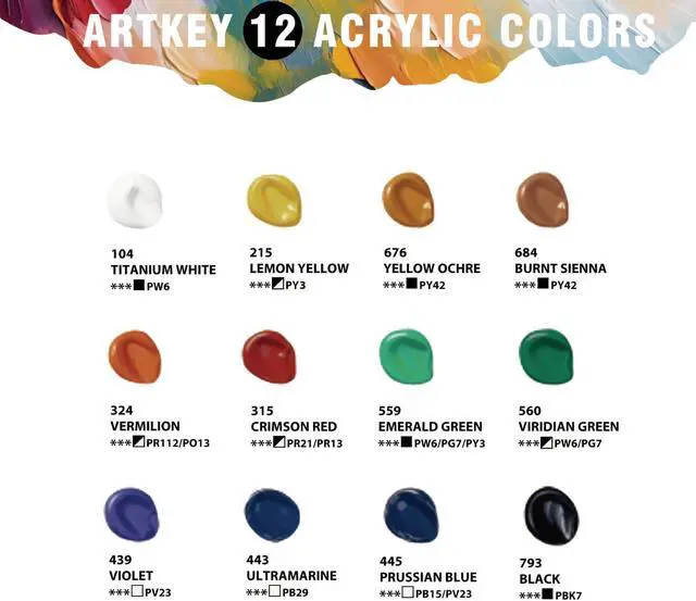 Alt view image 2 of 6 - Artkey Acrylic Paint Set - 12 Vibrant Colors (12 ml/0.4 oz) Tubes, Rich & Professional Grade Pigments, Acrylic Paints for Canvas Wood Rock Clay Fabric Ceramics Art Crafts Painting - Art Supplies