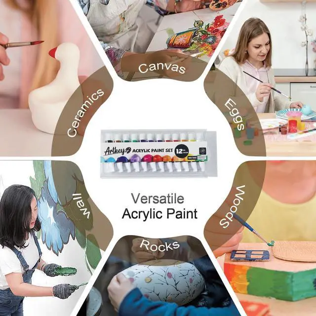 Alt view image 4 of 6 - Artkey Acrylic Paint Set - 12 Vibrant Colors (12 ml/0.4 oz) Tubes, Rich & Professional Grade Pigments, Acrylic Paints for Canvas Wood Rock Clay Fabric Ceramics Art Crafts Painting - Art Supplies
