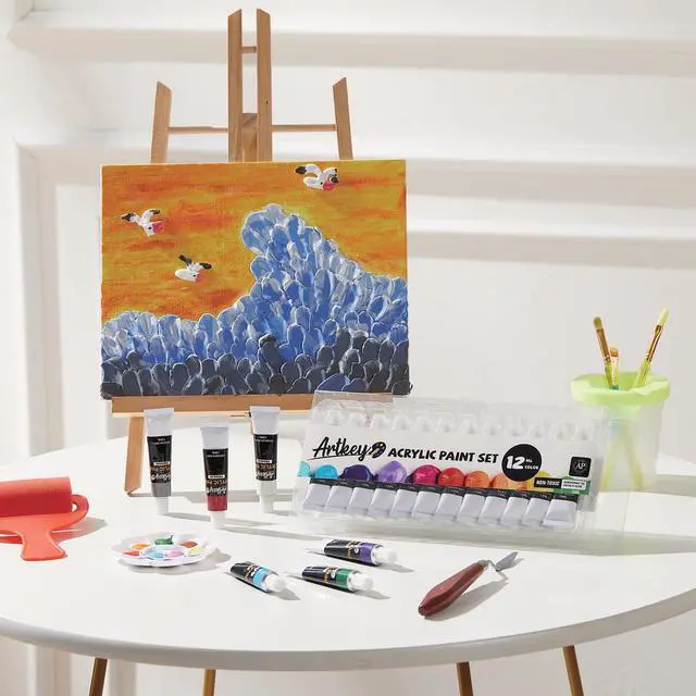 Alt view image 5 of 6 - Artkey Acrylic Paint Set - 12 Vibrant Colors (12 ml/0.4 oz) Tubes, Rich & Professional Grade Pigments, Acrylic Paints for Canvas Wood Rock Clay Fabric Ceramics Art Crafts Painting - Art Supplies