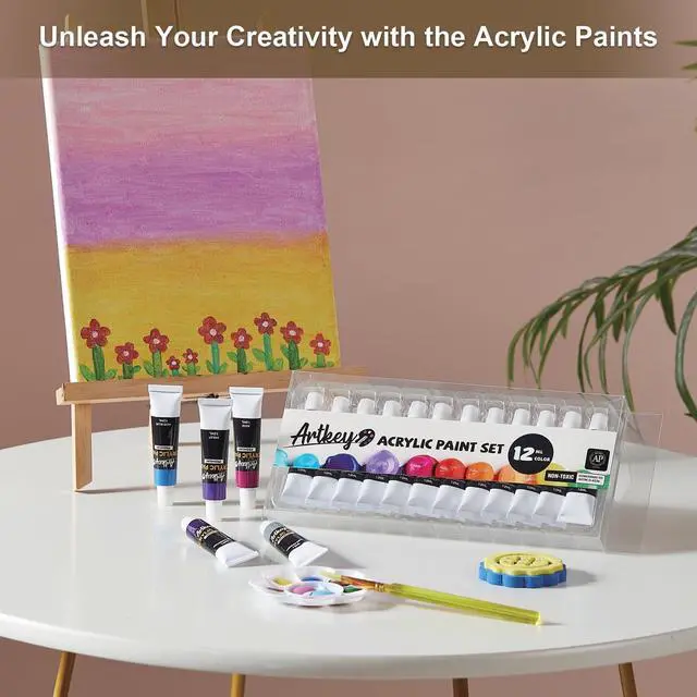 Alt view image 6 of 6 - Artkey Acrylic Paint Set - 12 Vibrant Colors (12 ml/0.4 oz) Tubes, Rich & Professional Grade Pigments, Acrylic Paints for Canvas Wood Rock Clay Fabric Ceramics Art Crafts Painting - Art Supplies
