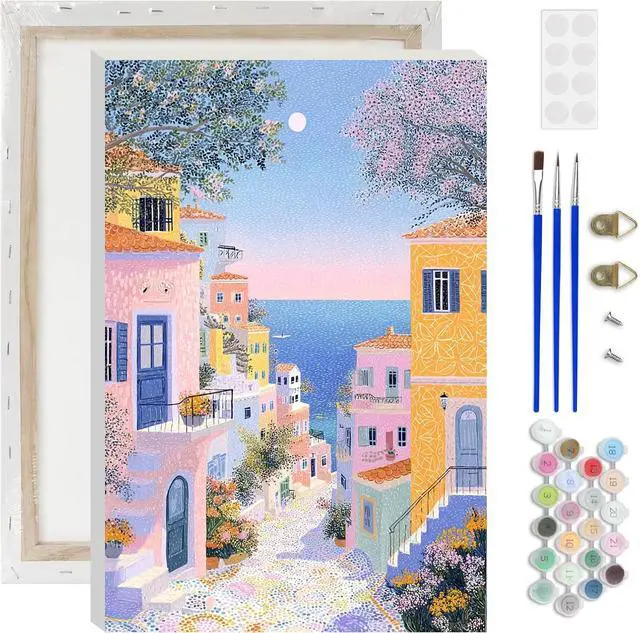 Main image of Lxmsja Greek Village Paint by Numbers Kit for Adults, Greek Island Acrylic Paint by Numbers for Adults Beginner, DIY Craft Supplies Oil Painting Kits for Home Wall Decor 8x12 inch (Framed)