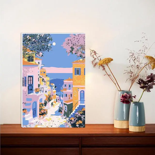 Alt view image 2 of 7 - Lxmsja Greek Village Paint by Numbers Kit for Adults, Greek Island Acrylic Paint by Numbers for Adults Beginner, DIY Craft Supplies Oil Painting Kits for Home Wall Decor 8x12 inch (Framed)