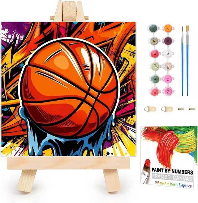 Main image of XTCIXAL Framed Paint by Numbers Kit for Adults, Basketball, 10x10 Inch | Paint by Number for Adults & Kids Ages 8-12, Framed Canvas, Included Easel and Gifts Box, Fun and Relaxing, Home Wall Decor