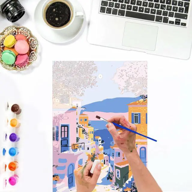 Alt view image 6 of 7 - Lxmsja Greek Village Paint by Numbers Kit for Adults, Greek Island Acrylic Paint by Numbers for Adults Beginner, DIY Craft Supplies Oil Painting Kits for Home Wall Decor 8x12 inch (Framed)