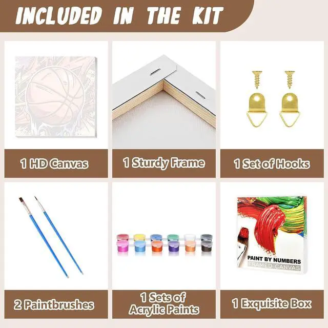 Alt view image 5 of 7 - XTCIXAL Framed Paint by Numbers Kit for Adults, Basketball, 10x10 Inch | Paint by Number for Adults & Kids Ages 8-12, Framed Canvas, Included Easel and Gifts Box, Fun and Relaxing, Home Wall Decor