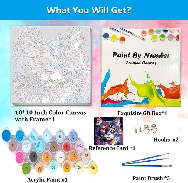 Alt view image 4 of 7 - Artunion Framed Paint by Numbers Kit for Adults Beginners & Kids Ages 8-12,Colorful Cat Paint by Number with Frame,Easy Acrylic Paint by Numbers Kit on Canvas 10 * 10 Inch Without Easel