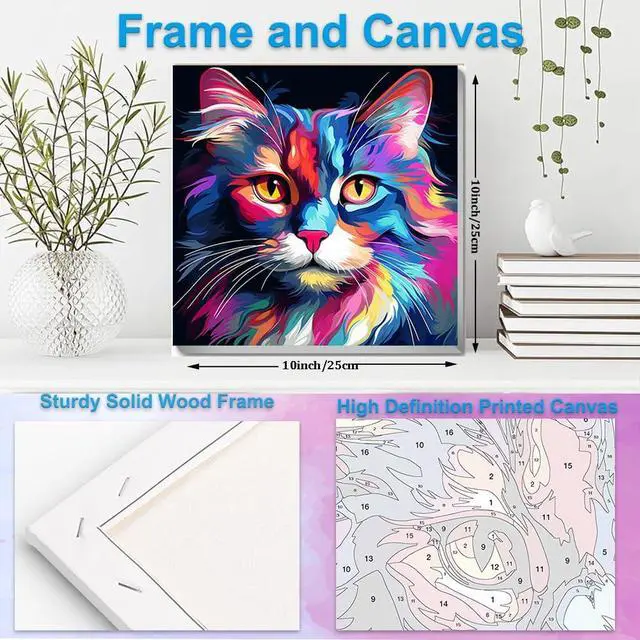Alt view image 5 of 7 - Artunion Framed Paint by Numbers Kit for Adults Beginners & Kids Ages 8-12,Colorful Cat Paint by Number with Frame,Easy Acrylic Paint by Numbers Kit on Canvas 10 * 10 Inch Without Easel