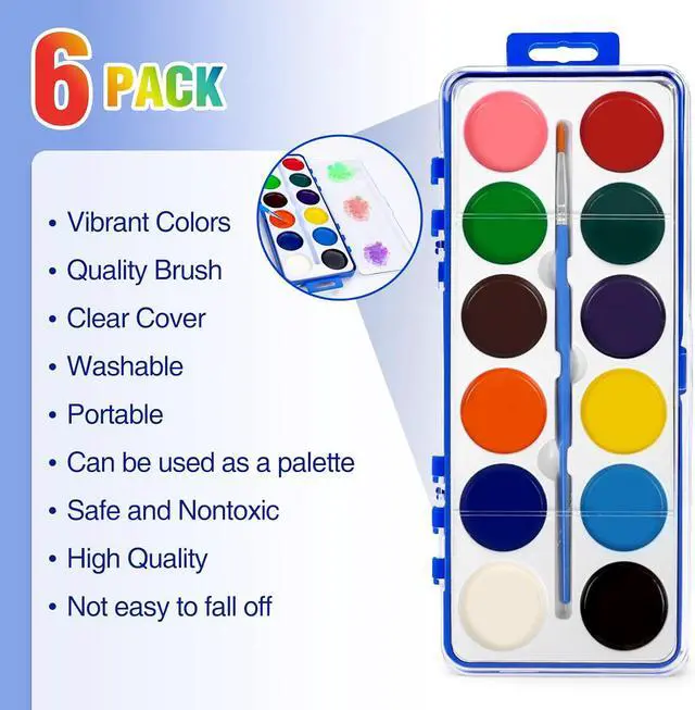 Alt view image 2 of 6 - 6 Pack Watercolor Paint Set for Kids, 12 Colors Watercolors Paints with Paint Brush, Kids Watercolor Paint Set for Party Favor, Classroom.