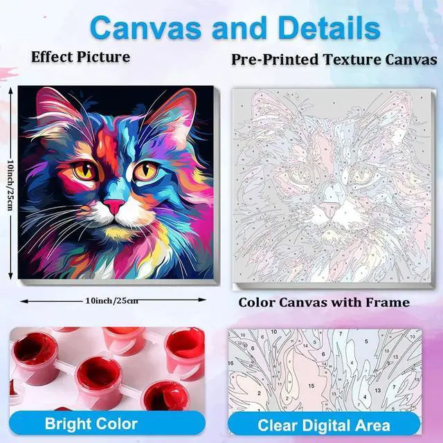 Alt view image 3 of 7 - Artunion Framed Paint by Numbers Kit for Adults Beginners & Kids Ages 8-12,Colorful Cat Paint by Number with Frame,Easy Acrylic Paint by Numbers Kit on Canvas 10 * 10 Inch Without Easel