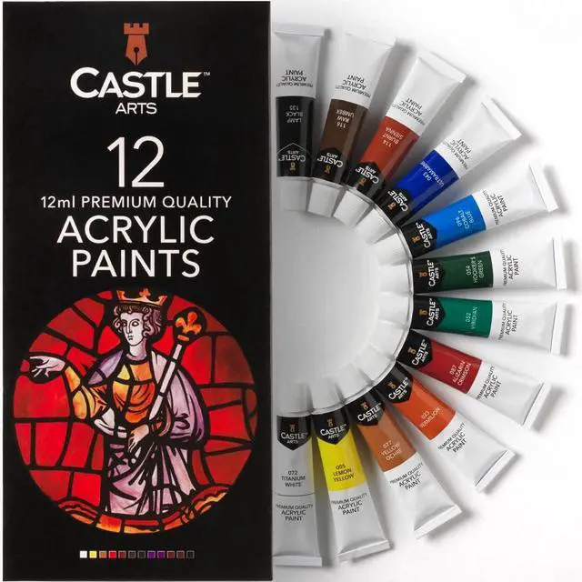 Main image of Castle Art Supplies 12 X 12ml Acrylic Paint Set - for Adults and Beginners | Quality intense colors, smooth on a range of surfaces - value beginner set for starters, in a neat presentation box