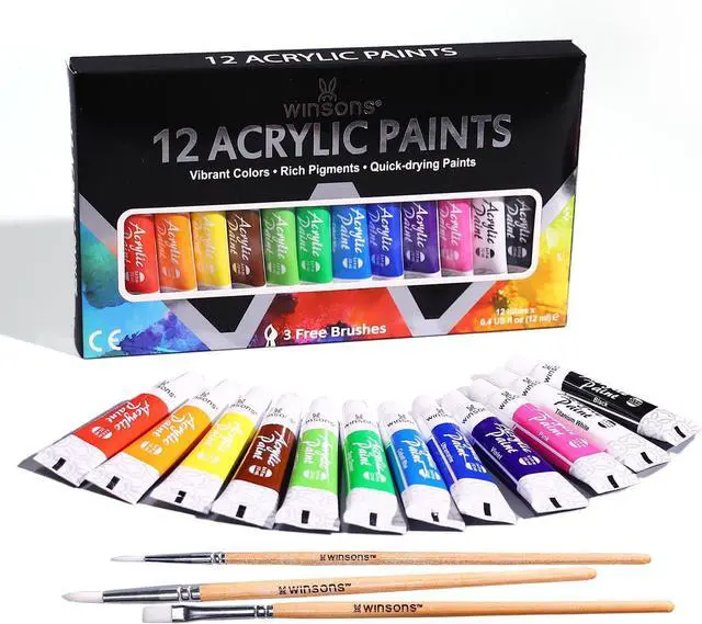 Main image of WINSONS Art Acrylic Paint Set, 12 x12ml Tubes Artist Quality Rich Pigments Colors With 3 Brushes Great for Beginners Artists Professional - Painting Canvas, Wood, Rock, Ceramic & Fabric
