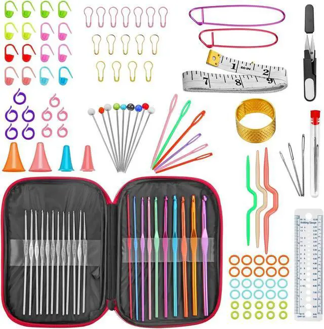 Main image of URWOOW 100 Pcs Crochet Hook Set with Yarn Knitting Needles | Sewing Tools Full Set, Knit Gauge, Scissors, Stitch Holders, Household Tool Kit