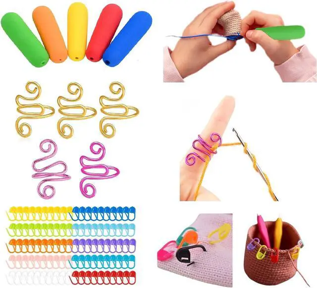 Main image of RF REENFAYA Crochet Kit Ergonomic Hook Grips Stitch Markers Tension Rings | 5 ergonomic grips for 2mm-10mm hooks, 5 finger tension rings, 100 stitch markers for arthritic hands and beginners