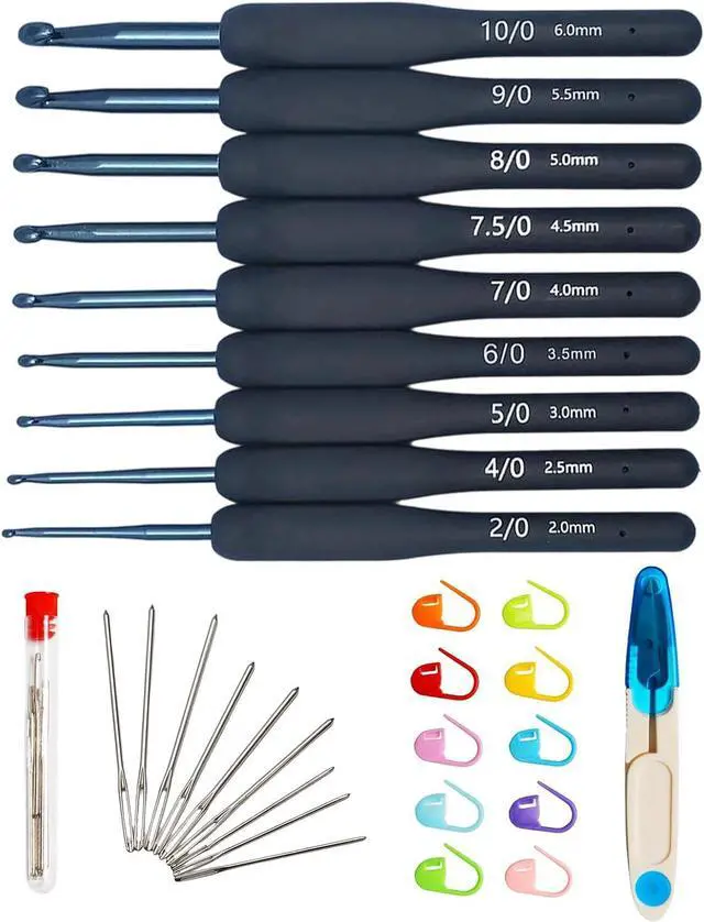 Main image of WINDAWNKE 9 PCS Navy Crochet Hook Set, Ergonomic Soft Grip Crochet Hook, Crochet Needle Kit with Knitting & Crochet Supplies