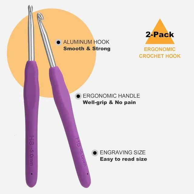 Alt view image 2 of 6 - 2Pcs Size H / 5.0mm Crochet Hooks, Ergonomic Crochet Hook for Arthritis | Knitting Needles for Beginners,Extra Long, Smooth, Comfortable for Knitting Sweaters,Scarves and Hats(Size H / 5.0mm)