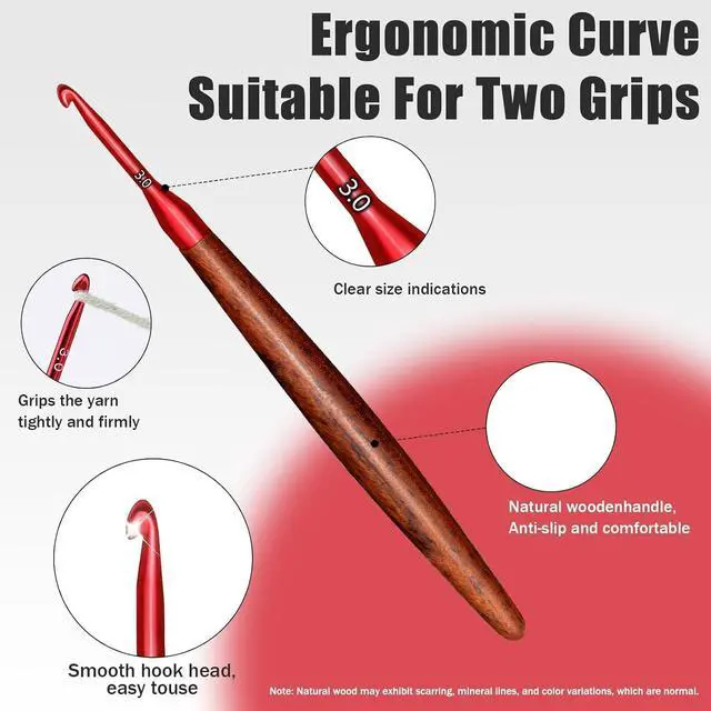Alt view image 3 of 7 - Giwrmu Crochet Hooks, 3mm Ergonomic Crochet Hooks for Arthritic Hands | Colored Aluminum Crochet Hook with Wooden Handle for Knitted Dolls, Gloves, Sweaters, Blankets - Available in 3mm-7mm