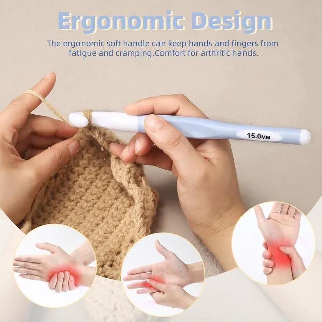 Alt view image 2 of 7 - 15mm Large Crochet Hook, Extra-Long Rubber Handle Crochet Hooks | Ergonomic Crochet Needle for Arthritic Hands, Crochet Hook for Knitting Sweaters, Shawls and Carpets