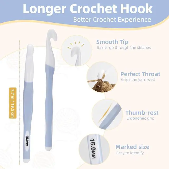 Alt view image 3 of 7 - 15mm Large Crochet Hook, Extra-Long Rubber Handle Crochet Hooks | Ergonomic Crochet Needle for Arthritic Hands, Crochet Hook for Knitting Sweaters, Shawls and Carpets