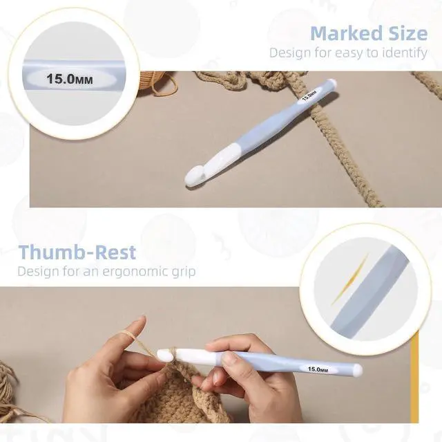 Alt view image 4 of 7 - 15mm Large Crochet Hook, Extra-Long Rubber Handle Crochet Hooks | Ergonomic Crochet Needle for Arthritic Hands, Crochet Hook for Knitting Sweaters, Shawls and Carpets