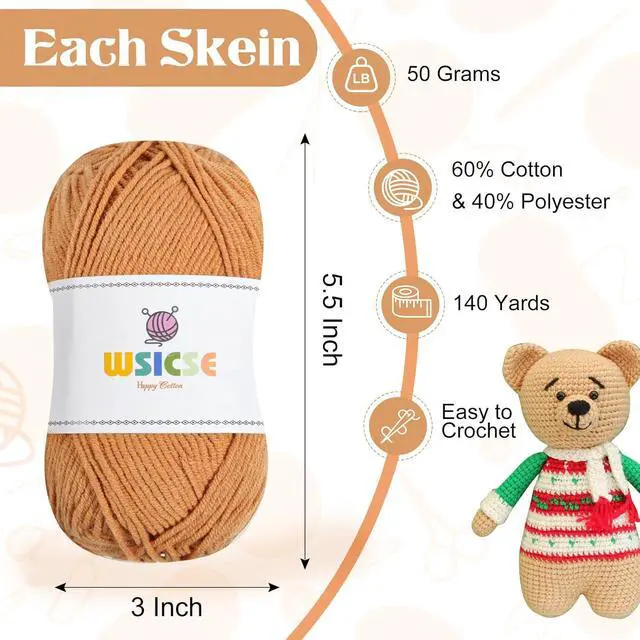 Alt view image 2 of 6 - 4 Pack Crochet Yarn, 560 Yard Soft Brown Yarn for Hand Knitting Decor Gifts | 60% Cotton, 40% Polyester; Soft Worsted Yarn; for Crochet and Knitting; 3-4 mm Needles, 2-3 mm Hooks