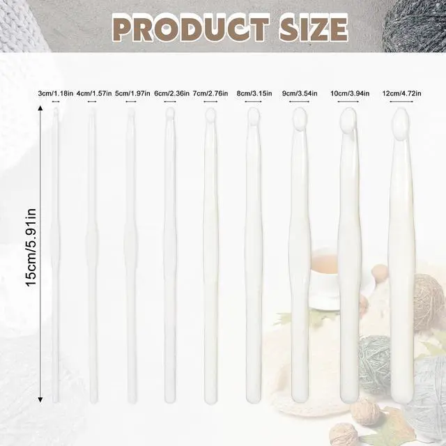 Alt view image 2 of 7 - UTENEW Set of 9 White Handle Plastic Crochet Hook Smooth Knitting Needles 3-12mm Crochetting Yarn 5.9 Inch