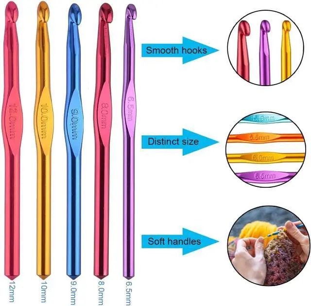 Alt view image 2 of 7 - Large Size Aluminum Crochet Hook Set 6.5m(K)/8mm(L)/9mm(M)/10mm(N)/12mm(O) Knitting Needles Craft Weave Yarn Set - Mini Keychain Set Included