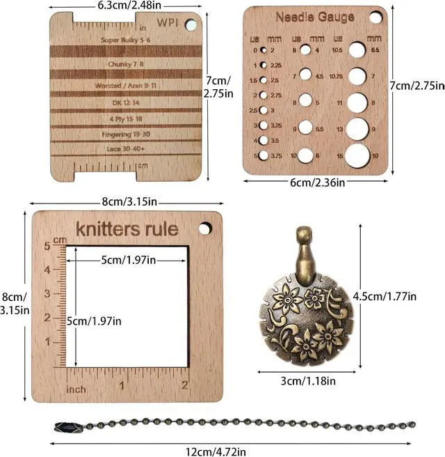 Alt view image 2 of 6 - 3 Pcs Wood Knitting Guage Rulers with Yarn Cutter, 3 Style Square Knitting Tool, Crochet Hook & Knitting Needle Gauge & Knitting Rule, Sewing Rulers for Art Sewing Knitting Crafts