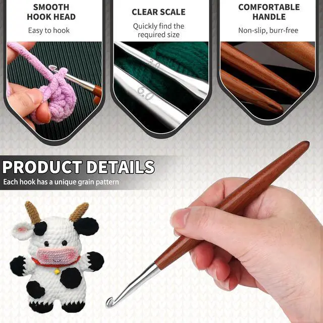 Alt view image 3 of 7 - Lunarm Crochet Hooks Ergonomic Crochet Aluminum Hooks Set Size 5mm 6mm 7mm | Wooden Crochet Hooks for Arthritic Hands DIY Craft Knitting Bouquets, Blankets, Hats, Gloves