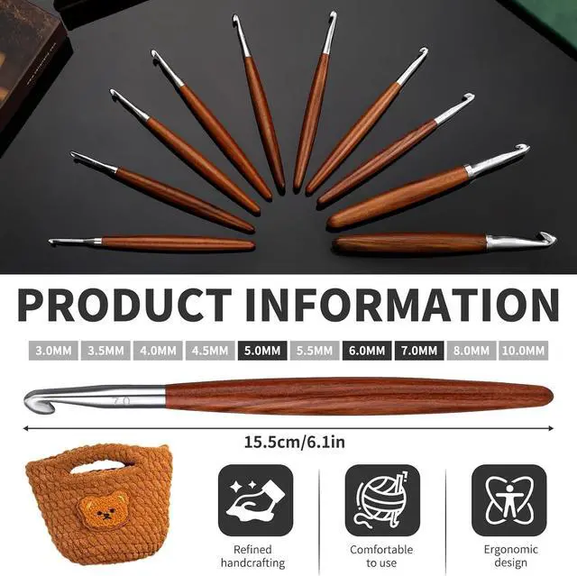 Alt view image 2 of 7 - Lunarm Crochet Hooks Ergonomic Crochet Aluminum Hooks Set Size 5mm 6mm 7mm | Wooden Crochet Hooks for Arthritic Hands DIY Craft Knitting Bouquets, Blankets, Hats, Gloves