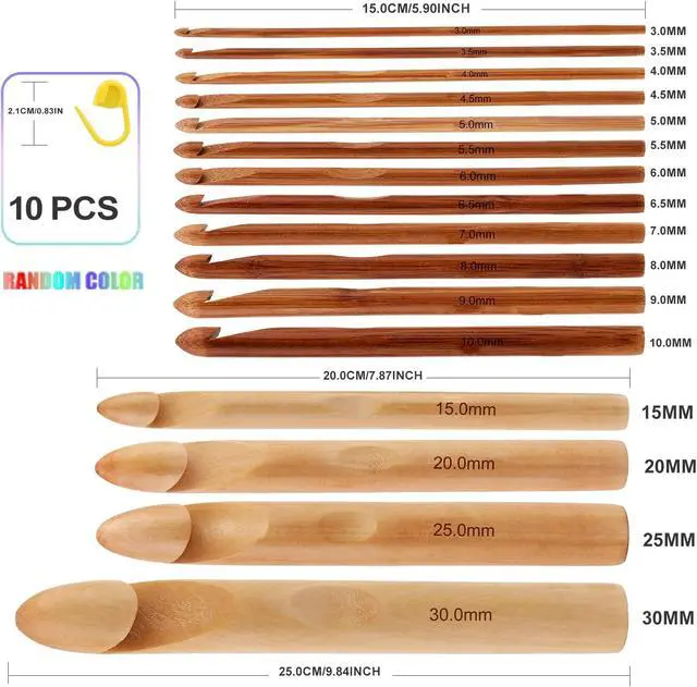 Alt view image 2 of 7 - Dercuy 16 Pcs Wooden Crochet Hooks, 3 to 30 mm Diameters Crochet Hook Set | 16 Size Large Bamboo Crochet Hooks with 10 Pcs Knitting Stitch Markers for Handcraft Crocheting Sweater DIY Projects