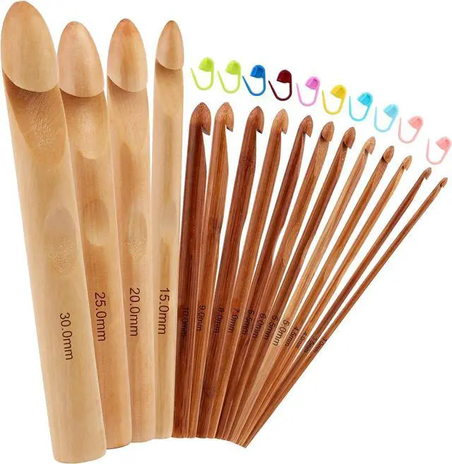 Main image of Dercuy 16 Pcs Wooden Crochet Hooks, 3 to 30 mm Diameters Crochet Hook Set | 16 Size Large Bamboo Crochet Hooks with 10 Pcs Knitting Stitch Markers for Handcraft Crocheting Sweater DIY Projects