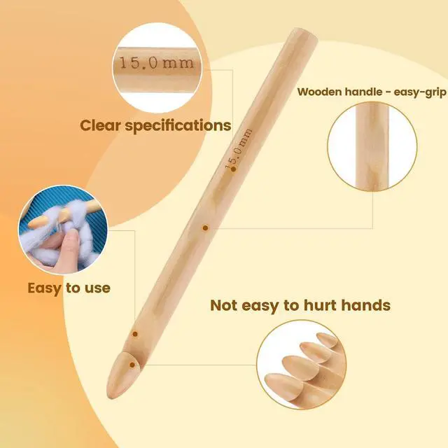Alt view image 3 of 7 - Dercuy 16 Pcs Wooden Crochet Hooks, 3 to 30 mm Diameters Crochet Hook Set | 16 Size Large Bamboo Crochet Hooks with 10 Pcs Knitting Stitch Markers for Handcraft Crocheting Sweater DIY Projects