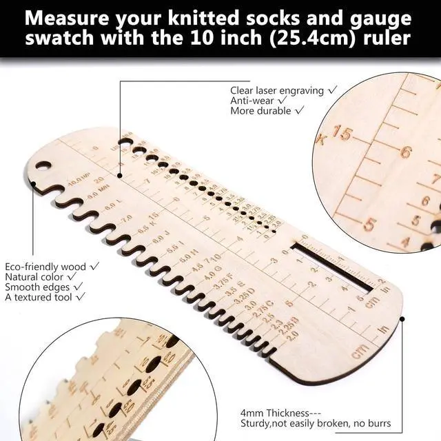 Alt view image 2 of 6 - UPTTHOW Sock Ruler Knitting Crochet Size Measurement Hook Gauge | 10" length, wooden sock ruler, sock blcokers, sock template, sock needle DIY tools for gift, handmade tool, sock measurment