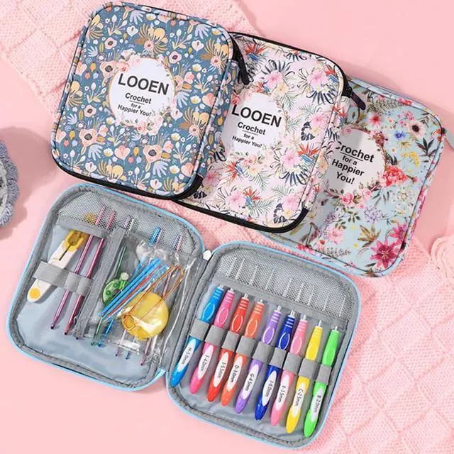 Alt view image 5 of 6 - Crochet Hook Case,Portable Zipper Storage Organizer Bag for Crochet Hooks, Knitting Needles, Project & Sewing Supplies, Lightweight,Easy to Hold (No Accessories Included).Pink Flower
