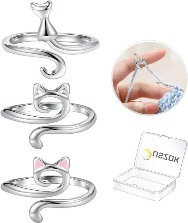 Main image of Juszok Crochet Rings for Crocheting Adjustable Crochet Tension Ring for Finger Cat Yarn Guide Ring Knitting Crochet Accessories with Box for Women 3Pcs