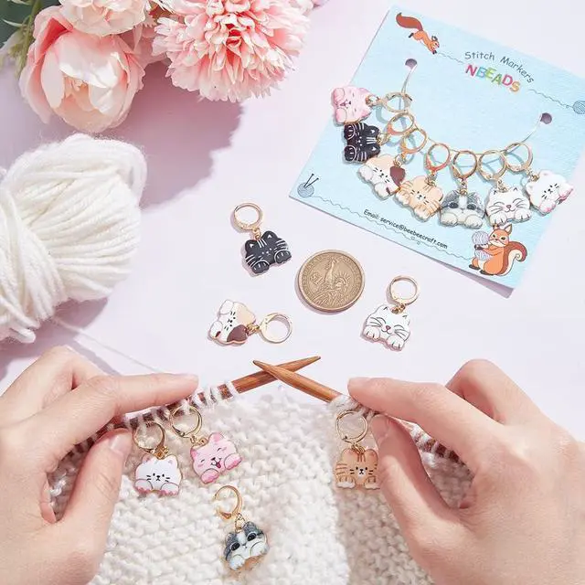 Alt view image 4 of 7 - NBEADS 14 Pcs Cat Stitch Markers, Alloy Enamel Crochet Stitch Marker Charms Locking Stitch Marker with 304 Stainless Steel Clasp for Crochet Weaving Sewing Accessories Quilting Jewelry Making