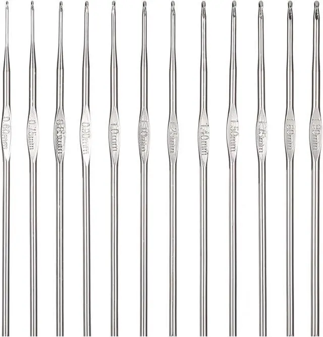 Main image of 12 Sizes Small Crochet Hooks, Metal Stainless Steel Mini Knitting Needles for Lace Yarn Embroidery Thread, Long Crochet Needle Hook DIY Craft Tools for Beginners (12 Pcs, 0.6 mm-1.9 mm)