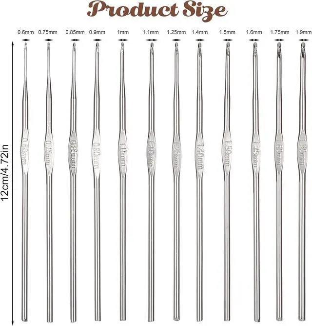 Alt view image 4 of 7 - 12 Sizes Small Crochet Hooks, Metal Stainless Steel Mini Knitting Needles for Lace Yarn Embroidery Thread, Long Crochet Needle Hook DIY Craft Tools for Beginners (12 Pcs, 0.6 mm-1.9 mm)
