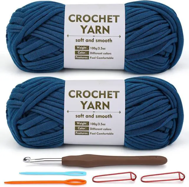 Main image of SHWAKK 2 Pack T-Shirt Yarn Set, Milk Blue Knitting Crochet T Shirt Yarn | Crochet Hook, Elastic Thick Tshirt Yarn Kit for Crocheting, Crochet Bag/Baskets Ribbon Cotton Yarn, Knitting Ball